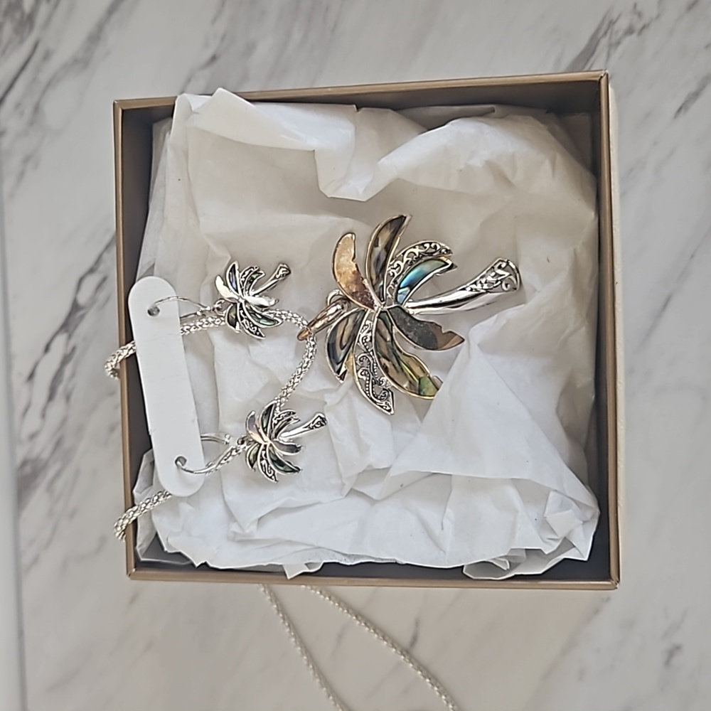 Palm Tree Necklace Earring Set Abalone Shell